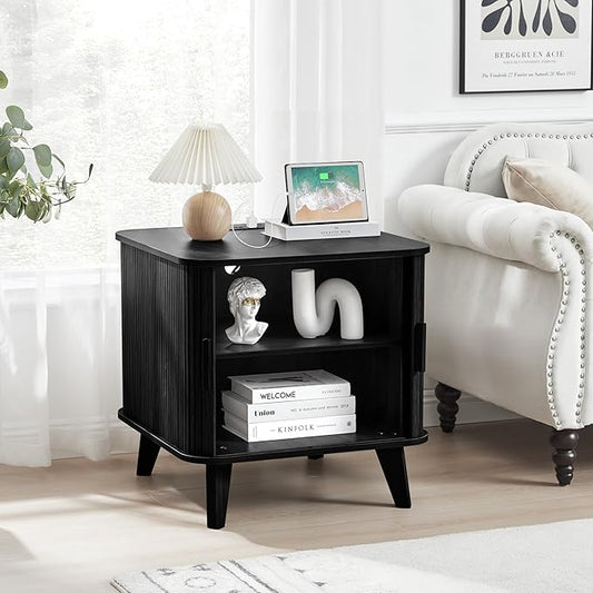 24 Inch Wood Nightstands Set of 2, Mid-Century Modern End Table with Charging Station 2AC+3USB, BedSide Table with Storage & Sliding Door (2XSquare, Black)