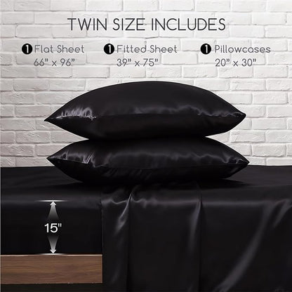 MR&HM Satin Sheets with Elastic Corner Straps, Twin Size 3-Piece Silky Bedding Set, Deep Pocket 15 Inches, Good for Hair & Skin (Twin, Black)
