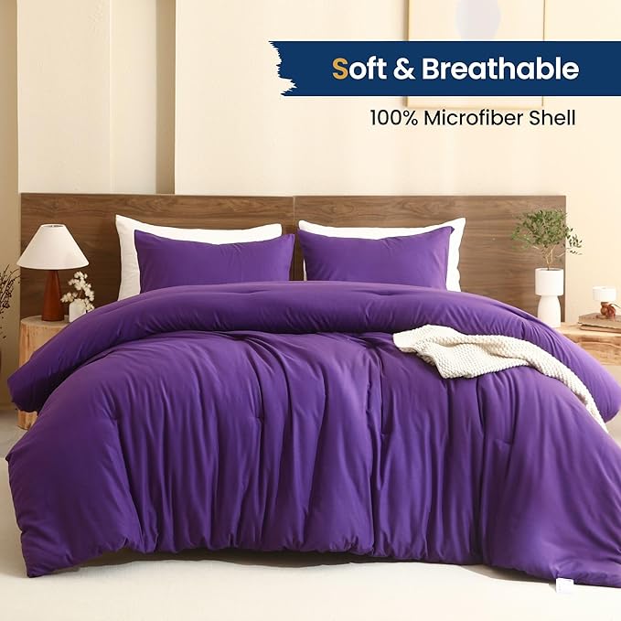 Paxrac Dreamy Purple Comforter Set Full Size, 3 Pieces Romantic Style Comforter Set, Lightweight Solid Bedding Set, All Seasons Soft Fluffy Full Bed Set (80x90In Comforter & 2 Pillowcases)