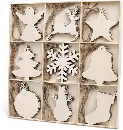 MACTING 27PCS Wooden Christmas Ornaments Unfinished Predrilled Natural Wood Slices DIY Blank Hanging Ornaments Kit for Crafts Centerpieces Christmas Tree Decorations, 9 Styles