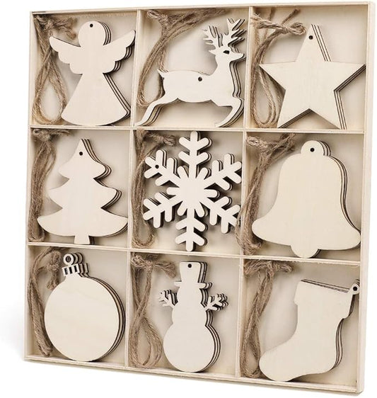 MACTING 27PCS Wooden Christmas Ornaments Unfinished Predrilled Natural Wood Slices DIY Blank Hanging Ornaments Kit for Crafts Centerpieces Christmas Tree Decorations, 9 Styles