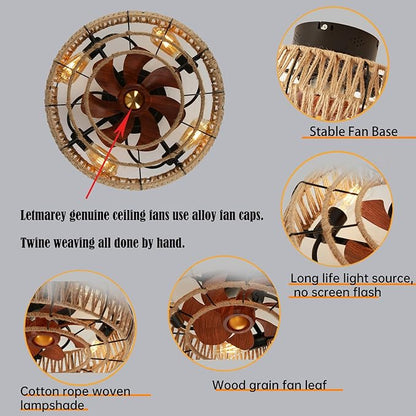 20" Caged Ceiling Fans with Lights and Remote, Boho Flush Mount Ceiling Fan with Light, Low Profile Chandelier 6 Speed Bladeless Reversible Ceiling Fan w/ 4 Bulbs. for Living Room Bedroom.