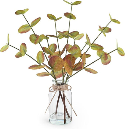 Fall Fake Eucalyptus Stems in Glass Vase with Faux Water 14" Fake Fall Plants with Artificial Eucalyptus Leaves Fall Decorations