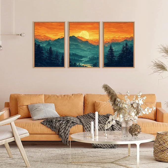 HOURIA Large Sunrise Mountain Forest Landscape Framed Canvas Wall Art Set,Orange Sky Green Ridge Wall Decor,Nature Pine Tree Artwork,Boho Watercolor Art Print for Living Room, Bedroom- 24"x36"x3
