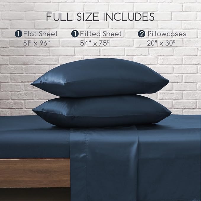 MR&HM Satin Bed Sheets with Elastic Corner Straps, Full Size Sheets Set, 4 Pcs Silky Bedding Set with 15 Inches Deep Pocket for Mattress (Full, Mood Indigo)