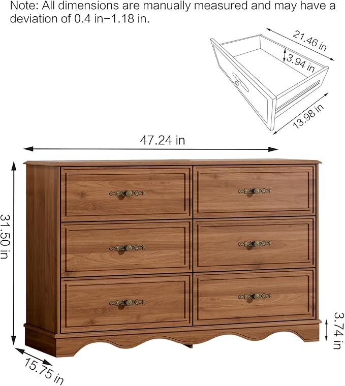 Mid Century Modern 6 Drawers Dresser for Bedroom 47" Wide Wood Rustic Chest of Drawers, Brownish