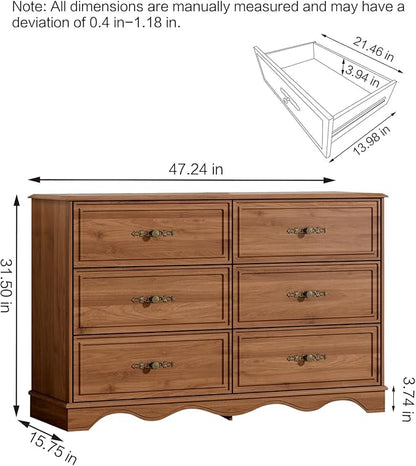 Mid Century Modern 6 Drawers Dresser for Bedroom 47" Wide Wood Rustic Chest of Drawers, Brownish