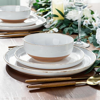 AmorArc 32 Pieces Ceramic Dinnerware Sets for 8, Handpainted Plates and Bowls Set with Rustic Terracotta Underside, Scratch Resistant Stoneware Dishes Set, Dishwasher & Microwave Safe,White