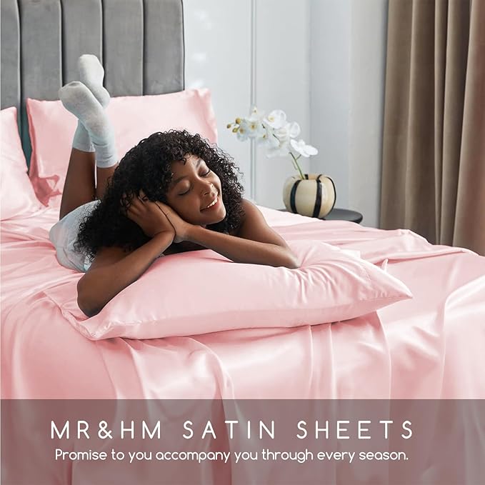 MR&HM Satin Bed Sheets, Twin XL Size Sheets Set, 3 Pcs Silky Bedding Set with 15 Inches Deep Pocket for Mattress (Twin XL, Light Pink)