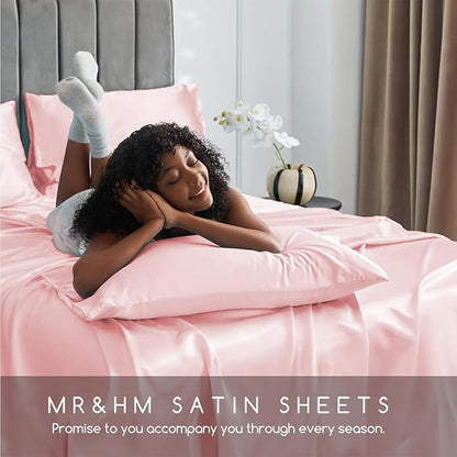 MR&HM Satin Bed Sheets, King Size Sheets Set, 4 Pcs Silky Bedding Set with 15 Inches Deep Pocket for Mattress (King, Light Pink)