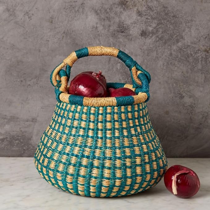 Kitchen Decor, Kitchen Storage, Fruit Basket, Wicker Basket, Woven, Shelf Decor, Decorative Basket, Harvestng Basket, Boho, African, Bolga, Pot Shape, 9" W, Small, Turquoise
