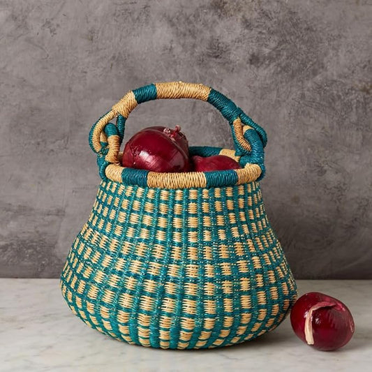 Kitchen Decor, Kitchen Storage, Fruit Basket, Wicker Basket, Woven, Shelf Decor, Decorative Basket, Harvestng Basket, Boho, African, Bolga, Pot Shape, 9" W, Small, Turquoise