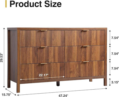 Fluted 6 Drawer Double Dresser for Bedroom, 47" Wide Modern Closet Dressers Chest of Drawers, Wood Storage Dresser Organizer for Nursery Bedroom Living Room Hallway Closet, Walnut