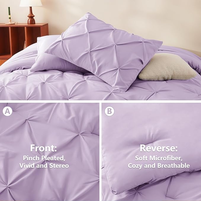 CozyLux King Size Comforter Set Lavender, 7 Pieces Bed in A Bag Light Purple Comforter King Size, Pinch Pleat Bedding Set with All Season Comforter, Sheets, Pillowcases & Shams