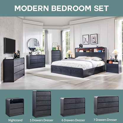 Modern 6 Drawers Dresser for Bedroom, 47" Wide Wood Dressers & Chests of Drawers w/Curved Profile Design, Mid Century Modern Dresser w/Natural Texture for Bedroom, Living Room, Black