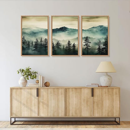 HOURIA Large Boho Mountain Forest Framed Canvas Wall Art Set,Nature Foggy Woodland Wall Decor,Modern Pine Tree Artwork,Watercolor Botanical Art Print for Living Room,Bedroom,Farmhouse- 24"x36"x3