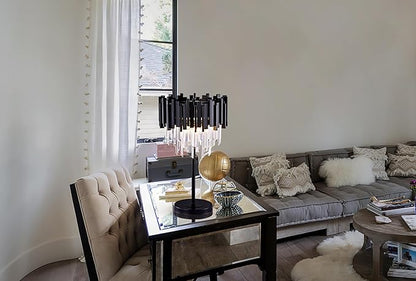 Wellmet Black Crystal Table Lamp,3 Lights Table Lamps for Bedroom,Black Bedside Nightstand Lamps for Living Room,Small Decorative Desk Lamp for Reading Room,Metal Base