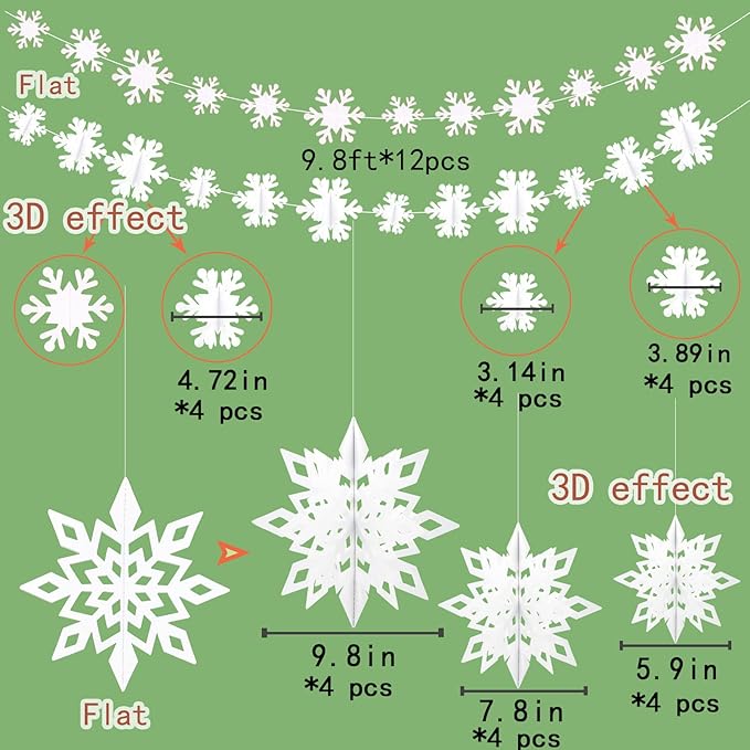 GuassLee Winter Wonderland Frozen Party Decorations - White 12pcs Hanging 3D Paper Snowflakes and Snowflake Garland for Christmas Birthday Parties