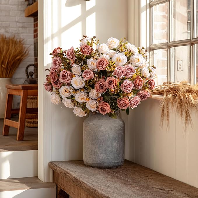 Artificial Flowers for Outdoor 4 Bundles Rose Bouquet with Daisy Faux Flowers UV Resistant for Home Indoor Outside Garden Porch Window Box Balcony Yard Porch Decor (White+Brown)