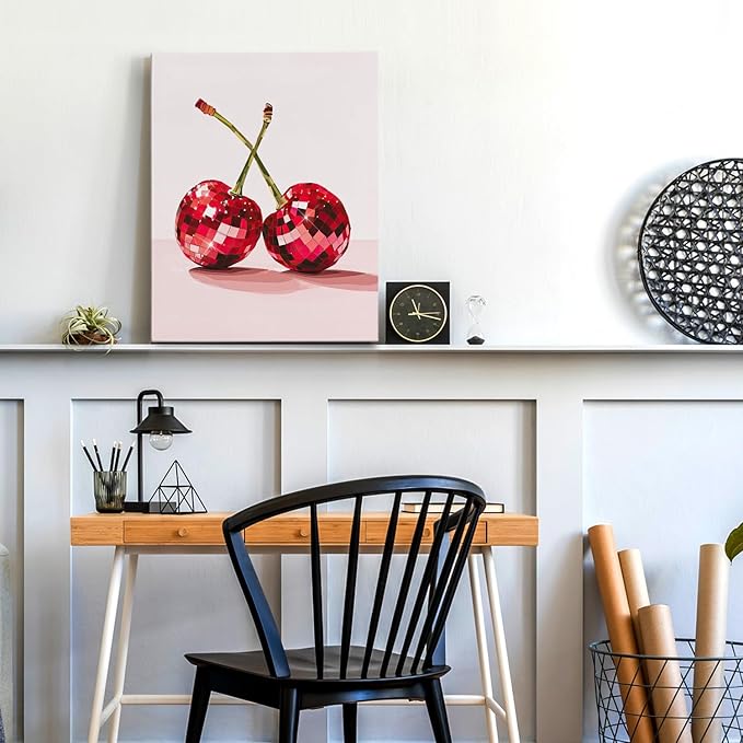 APJYM Funky Y2K Disco Ball Cherry Wall Art, Trendy Retro 70s Preppy Pink Girly Cherry Aesthetic Canvas Wall Art for Girls Room Bedroom Dorm Apartment Decor, 11x14 Inches Framed