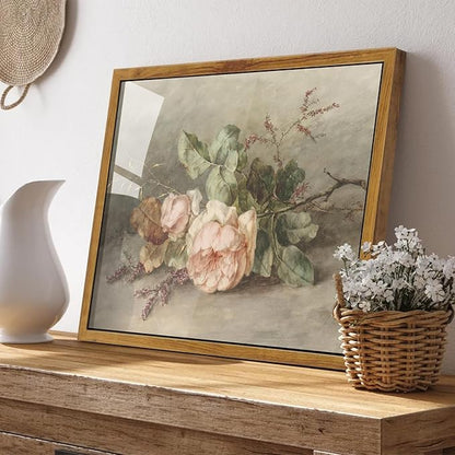 KBKBART Vintage Wall Decor Prints, Retro Still Life Flower Canvas Wall Art, Framed Classical Pink Botanical Print, Vintage Art Painting Flower Wall Decor for Bedroom Living Room Bathroom