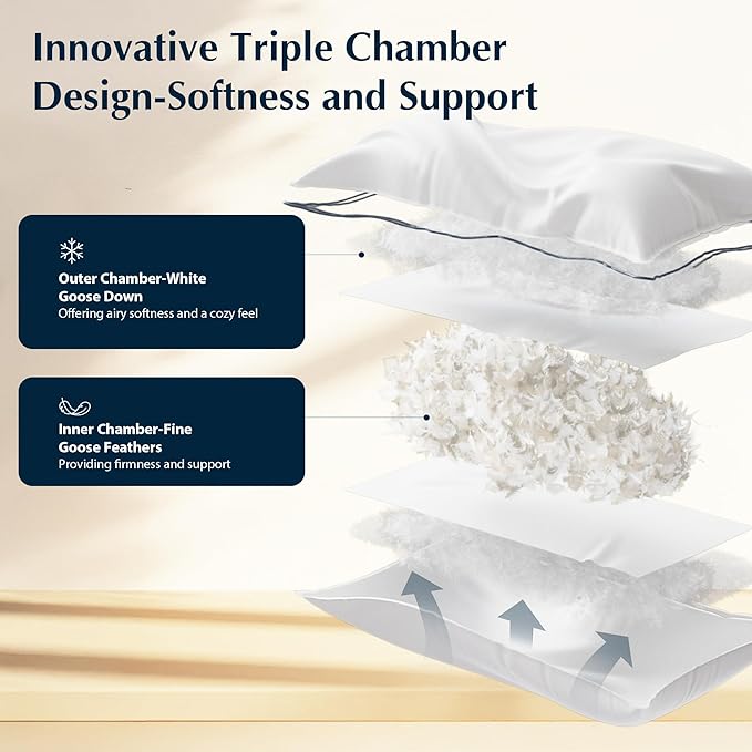 Pacific Coast Pillows Queen Size Set of 2, Goose Feather and Down Pillow for Sleeping, 3-Chamber Hotel Pillow for Side Sleepers and Back Sleepers