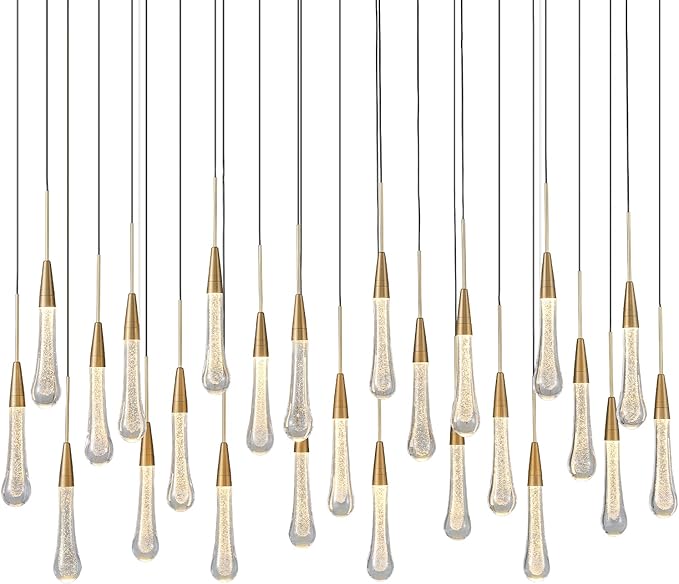 25-Lights Rectangle Gold Raindrop Chandelier with Glass, Luxury Farmhouse Large Linear Chandeliers for Dining Room Over Table, Brass Pendant Ceiling Light Fixture for Kitchen Island
