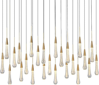 25-Lights Rectangle Gold Raindrop Chandelier with Glass, Luxury Farmhouse Large Linear Chandeliers for Dining Room Over Table, Brass Pendant Ceiling Light Fixture for Kitchen Island