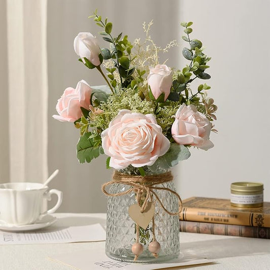 YJ Fake Flowers with Vase, Artificial Flowers Silk Roses Flower Bouquet in Vase, Faux Flower Arrangements,Farmhouse Table Decor,Table Decorations for Living Room(Pink)