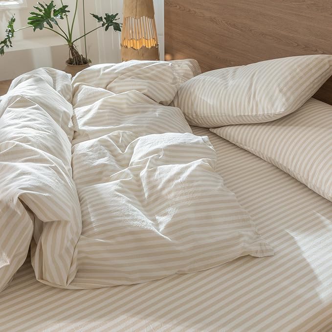 MooMee Striped Duvet Cover Set 100% Washed Cotton Linen Like Textured Breathable Durable Soft Comfy (Almond Milk Grey Classic Stripes, Oversized Queen 98"x98")