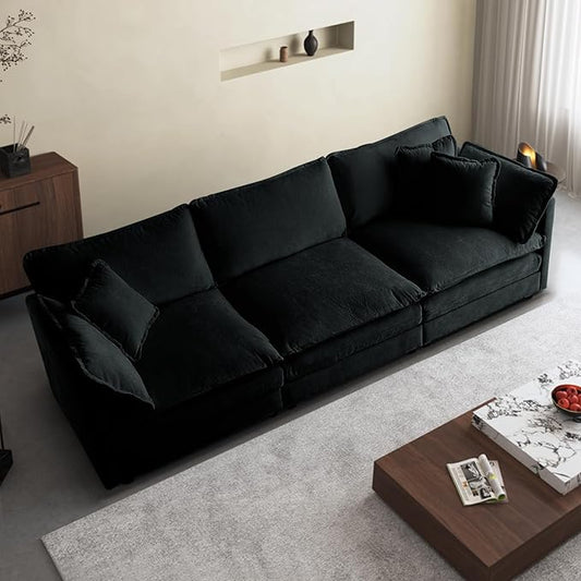 SoarFlash Chenille Sectional Sofa, Comfy Modular Loveseat Sofa, Modern 3-Seat Couch Deep Seat Sofa Set for Living Room,Black