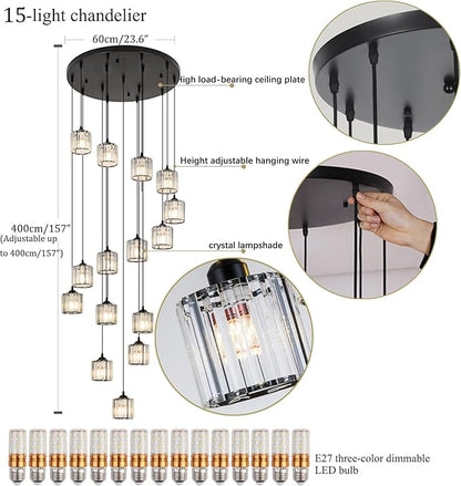 Long Chandeliers for High Ceilings,Modern Crystal Pendant Light,Raindrop Drop Lamp,Hanging Lighting Fixtures for Spiral Staircase,Foyer,Entryway,Living Room,Black (15 Lights)