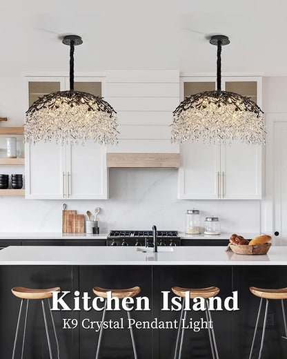 Modern Crystal Chandelier for Dining Room, 31.5" 10-Light Black Tree Branch Chandeliers, Luxury K9 Crystal Rectangular Chandeliers for Kitchen Island Living Room