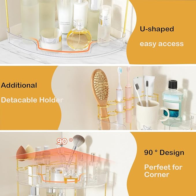 FELIZHOUSE 3-Tier Makeup Organizer for Vanity & Bathroom Countertop – Acrylic Storage Shelf with Perfume Makeup Brush Holder, Tool-Free Installation, Design for Bathroom & Dresser - Grey