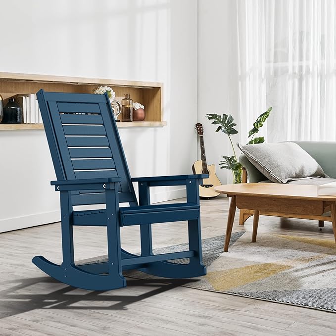 GREENVINES Outdoor Rocking Chairs | Set of 2 | Porch Rocker | HDPE Plastic | Blue | Oversized Rockers | High Back | Big & Tall | Ladder Back | for Patio Outside Backyard Balcony Garden