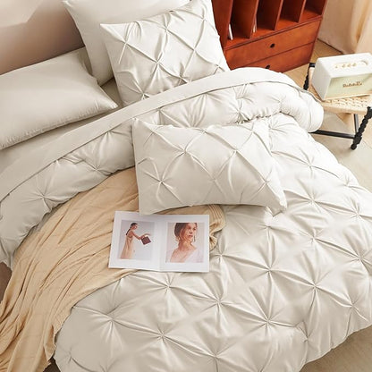 CozyLux Queen Comforter Set Beige, 7 Pieces Pintuck Bed in A Bag, Premium Beige Comforter Queen Size, Pinch Pleat Bedding Sets with Comforter, Sheets, Pillowcases & Shams