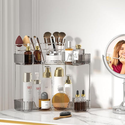 SUNZOS 2 Tier Corner Bathroom Counter Organizer, Bathroom Countertop Shelf with Makeup Brush Holder, Makeup Organizer for Vanity Perfume Tray for Corner Storage