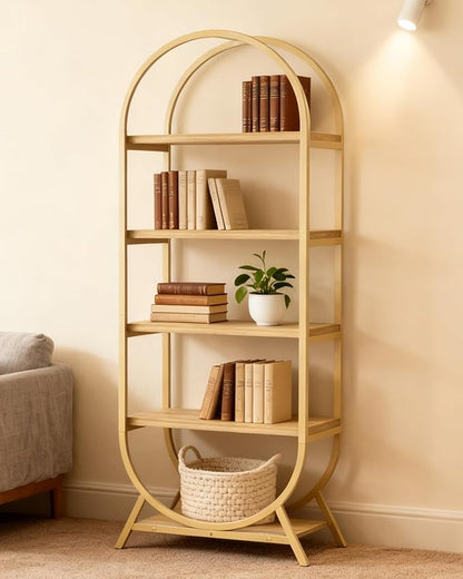 Arched Bookshelf,5-Tier Tall Wide Open Bookshelf,Modern Brown Storage Display Rack Shelving Unit for Office, Bedroom, Living Room, Easy Assembly, Gold and Nature Wood
