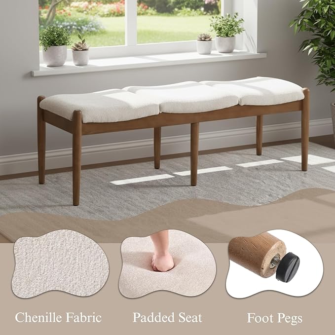 DUOMAY 55'' Modern Ottoman Bench, Chenille Upholstered Entryway Bench Bedroom Bench with Wood Legs, End of Bed Bench for Bedroom, Living Room, Corners, Kitchen, Beige