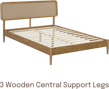 NTC Lupin Wooden Bed Frame with Headboard, Solid Oak and Rubber Wood Foundation with Silent Slats and Wood Central Supports, 1000 Lb Capacity, Queen - Teak Look