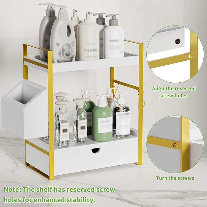 2-Tier Bathroom Counter Organizer with Drawer and Basket, Wood Countertop Organizer for Storage, Skincare Organizers for Vanity, Counter Shelf for Bathroom Organization(White-gold)