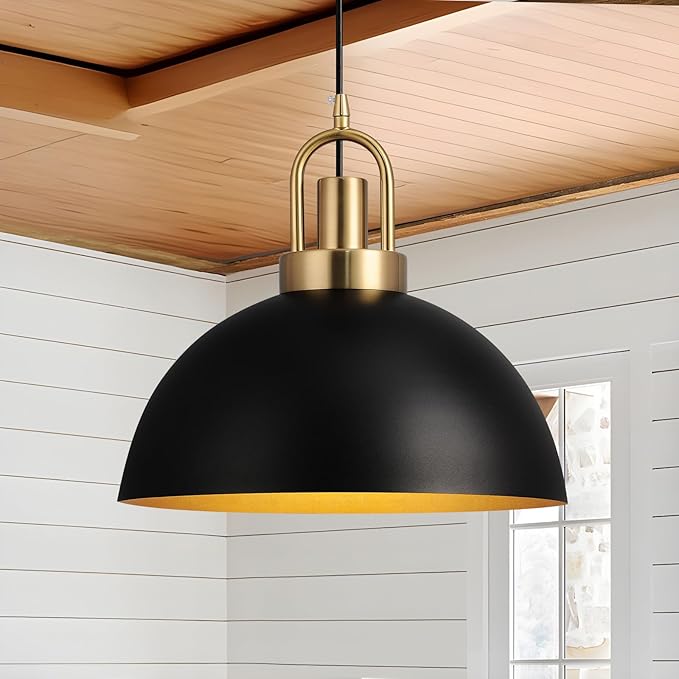 Eustace 13.7'' Matte Black and Gold Farmhouse Pendant Light, Adjustable Hanging Lamp,Industrial Ceiling Lights Fixture for Kitchen Island Dining Room Hallway Restaurant
