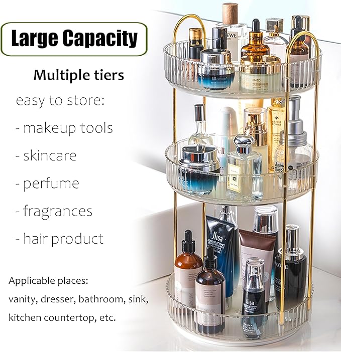 Rotating Makeup Organizer Countertop 3 Tier Lazy Susan Clear Skincare Perfume Storage for Bathroom Counter Vanity, Transparent