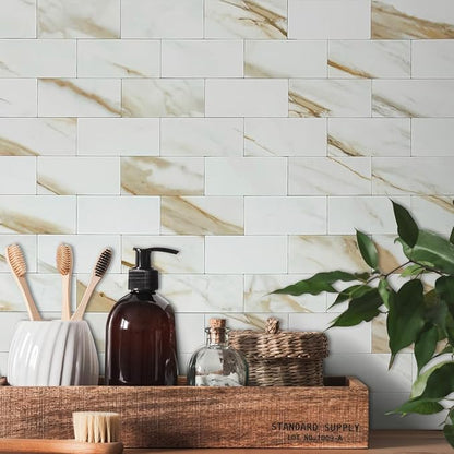 AULIGET 3" x 6" Subway Tile Peel and Stick Backsplash, Thick PVC Stick on Wall Tiles (100, Calacatta Gold)