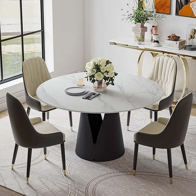 POVISON Round Dining Table for 4, 51“ Matte Sintered Stone Table Top with Solid Black Carbon Steel Pedestal, Circle Dining Room Table for Living Room (Dining Table Only)