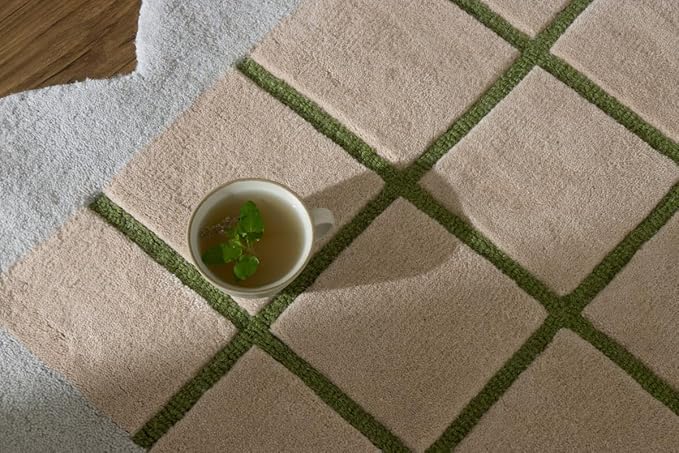 Scalloped Border Wool Area Rug with Windowpane Grid, Hand-Tufted, Beige-Blush with Sage Lines & Light Purple Edge - Soft High-Low Pile for Living Room, Bedroom, Nursery - 4x6 Ft