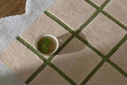 Scalloped Border Wool Area Rug with Windowpane Grid, Hand-Tufted, Beige-Blush with Sage Lines & Light Purple Edge - Soft High-Low Pile for Living Room, Bedroom, Nursery - 7x10 Ft