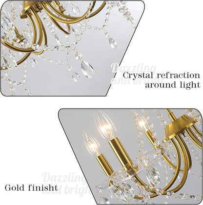 Crystal Gold Chandeliers for Dining Room, Modern Crystal Brass Chandelier Light Fixture, Vintage Pendant Light for Living Room Bedroom Bathroom Entryway Hallway E12 Bulbs D19 in x H24 in
