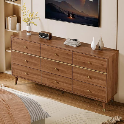 9 Drawer Dresser 63" Wide Mid Century Modern Chest of Drawers, Tan