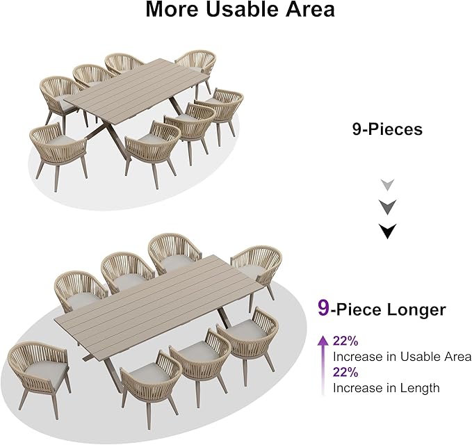 PURPLE LEAF 9 Piece Longer Outdoor Dining Set with Patio Aluminium Dining Table and Wicker Chairs Modern Furniture Cushions Sets for Backyard Indoor Decor Kitchen Champagne
